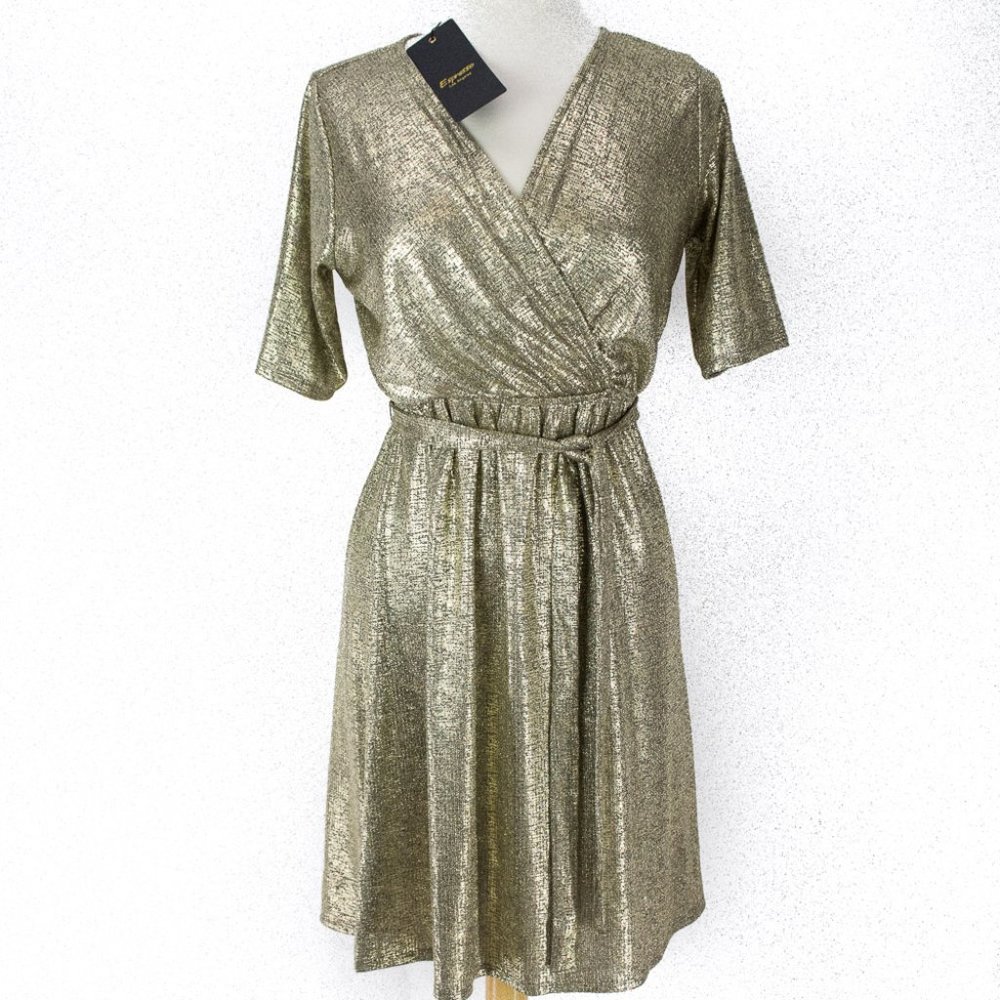 NWT Gold Metallic Dress Small Elastic Waist Party